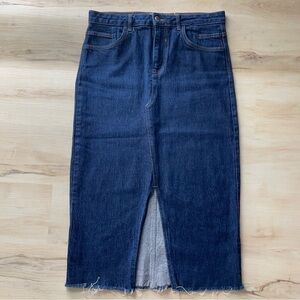 ZARA Denim Midi Skirt XL Blue High Waist Raw Hem Front Slit Pencil Jean Skirt